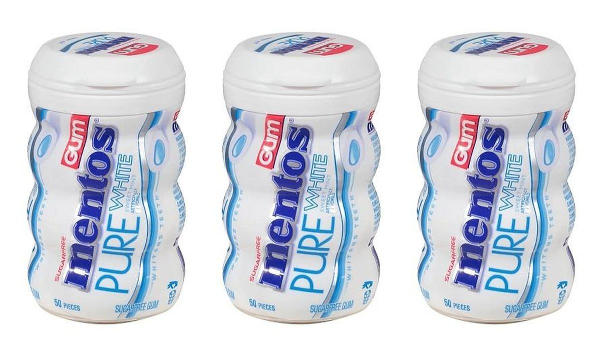 Mentos Pure White Sweet Mint Sugar-Free Gum 3.53oz Bottles (50 Pieces) — 3-Pack