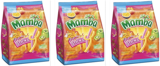Mamba Fruit Chews Tropical Sticks Limited Edition 27oz Bag 3-Pack — three single packs