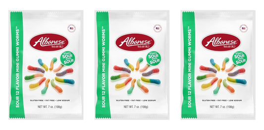 Albanese Sour 12 Flavor Mini Gummi Worms 7oz Peg Bags — 3-Pack
