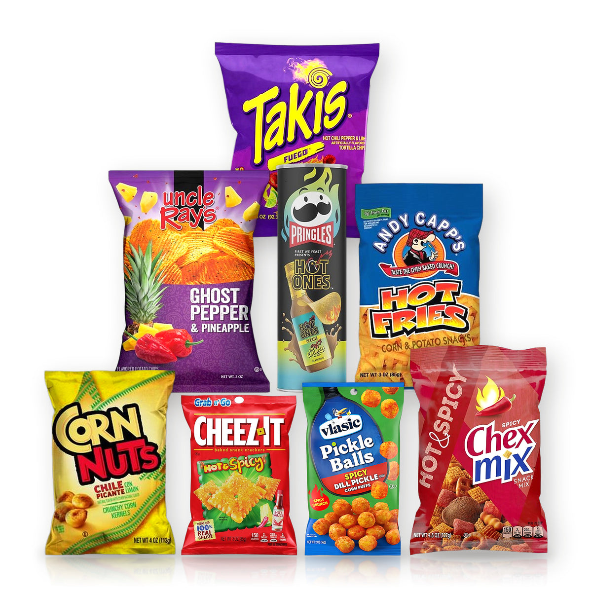 Hot & Spicy Snack Variety Pack: Takis Fuego, Vlasic Pickle Balls Spicy Dill Pickle, Andy Capp's Hot Fries, Uncle Ray's Ghost Pepper & Pineapple, Pringles Hot Ones Verde, Corn Nuts, Cheez-It and Chex Mix Hot & Spicy