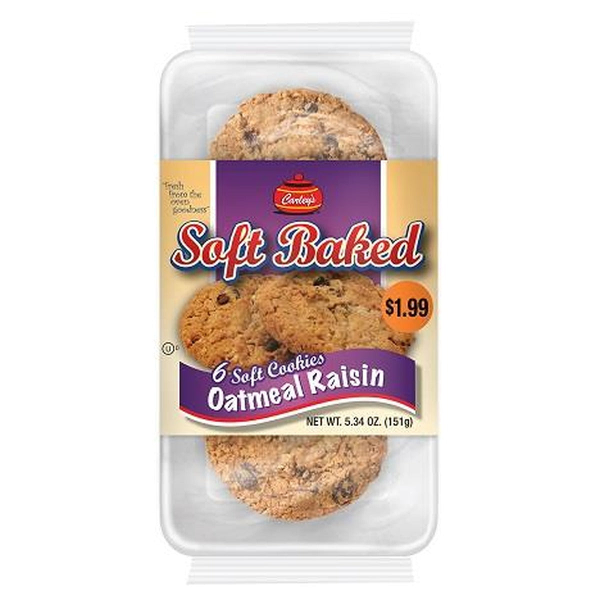 Carley's Soft Baked Oatmeal Raisin Cookies 5.34oz pack — full package