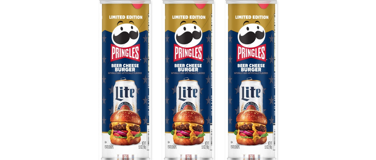Pringles Miller Beer Cheeseburger Limited Edition 5.5oz 3-Pack — three single cans