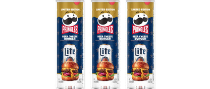 Pringles Miller Beer Cheeseburger Limited Edition 5.5oz 3-Pack — three single cans