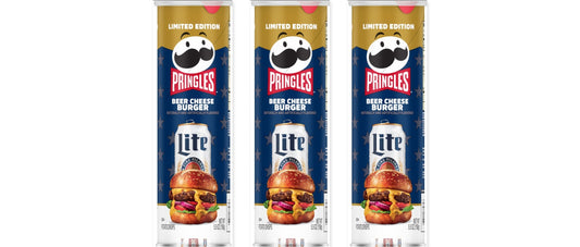Pringles Miller Beer Cheeseburger Limited Edition 5.5oz 3-Pack — three single cans