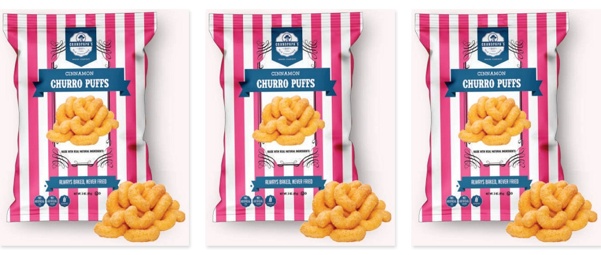 Grandpapa's Cinnamon Churro Puffs 3oz 3-Pack — three single bags