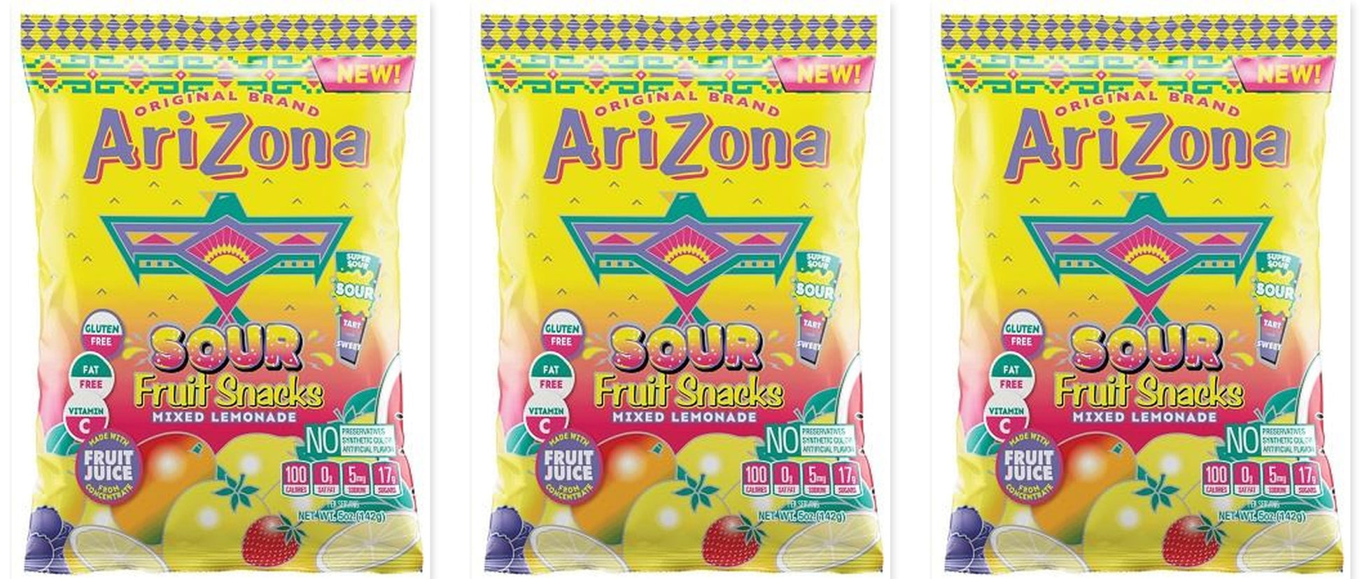 Arizona Fruit Snacks Sour Mixed Lemonade 5oz 3-Pack — three single bags