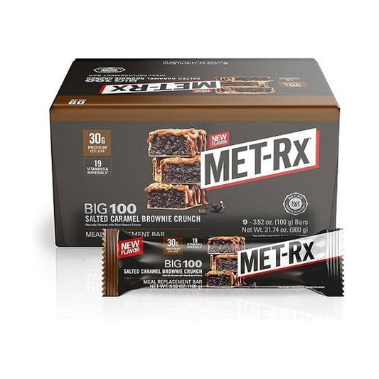Met-Rx Big 100 Salted Caramel Brownie 3.52oz 9ct pack — full package