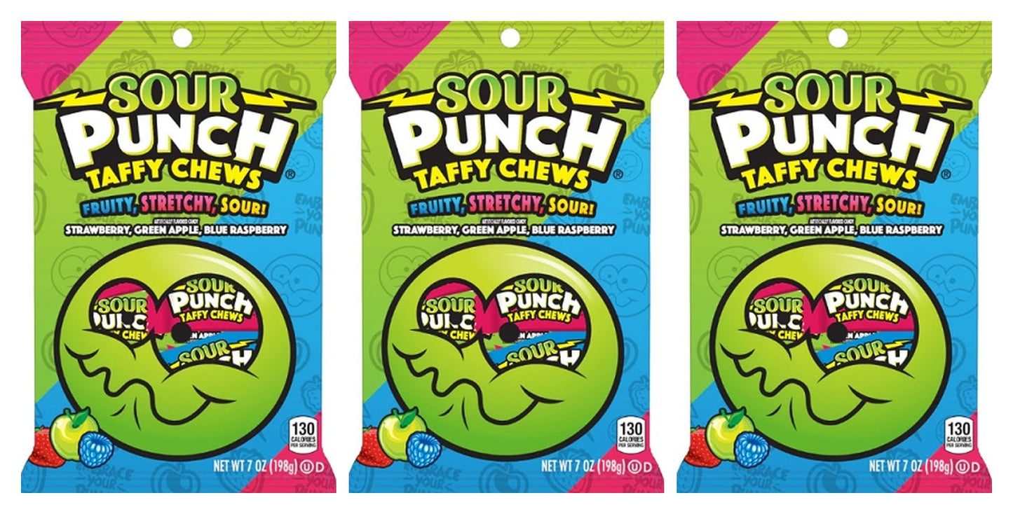 Sour Punch Taffy Chews 7oz Peg Bags — 3-Pack