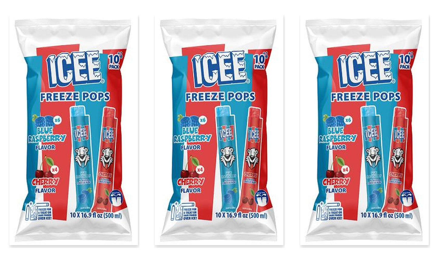 ICEE Freeze Pops Blue Raspberry & Cherry 10ct Bags — 3-Pack