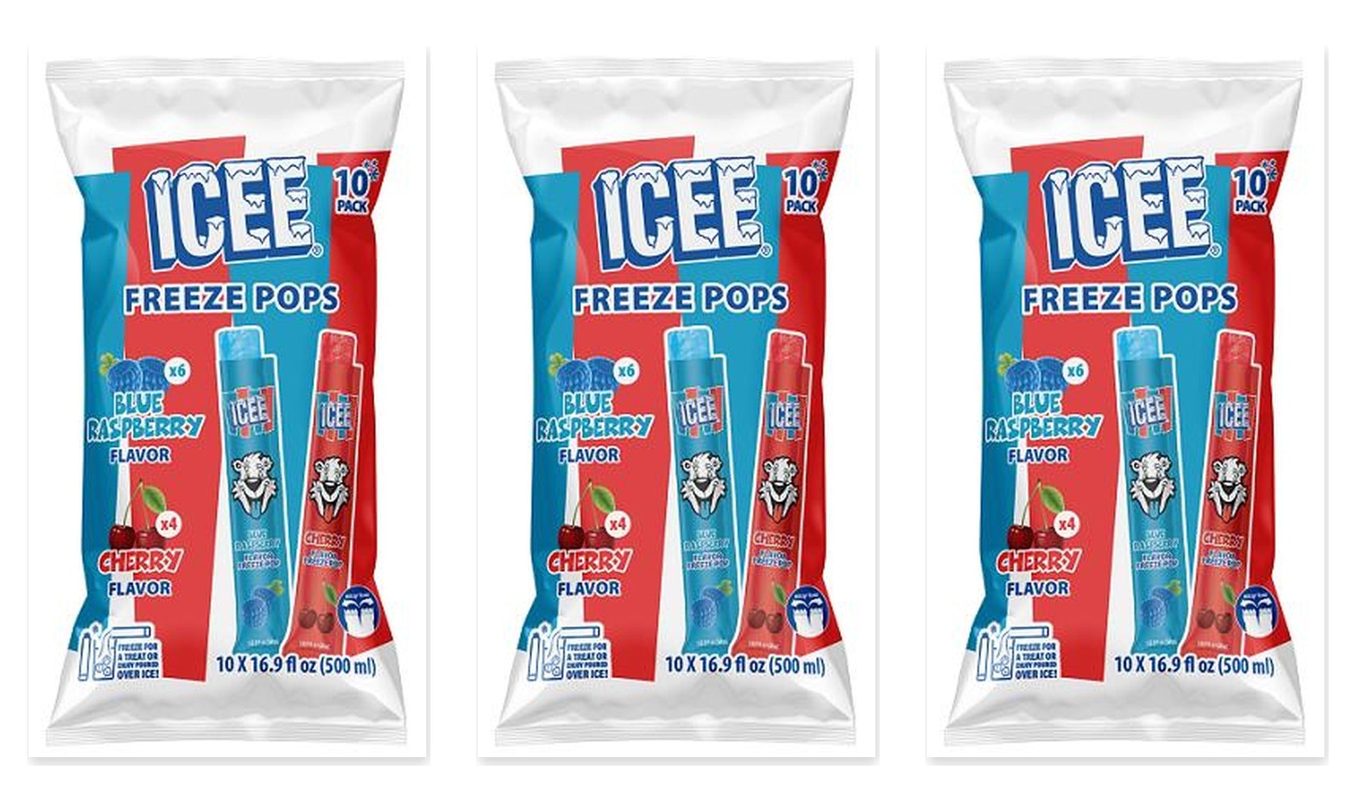 ICEE Freeze Pops Blue Raspberry & Cherry 10ct Bags — 3-Pack