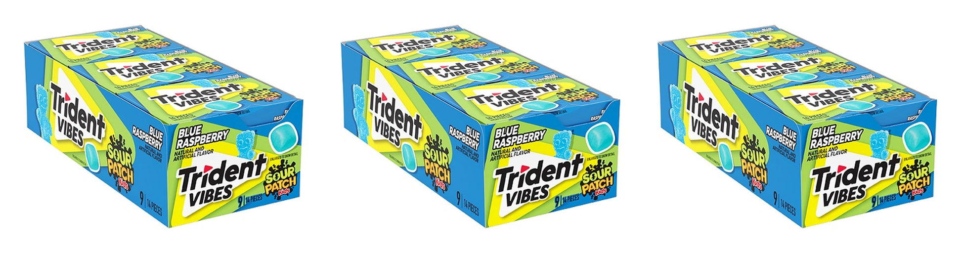 Trident Vibes Sour Patch Kids Blue Raspberry Sugar-Free Gum 14pc Packs — 3-Pack
