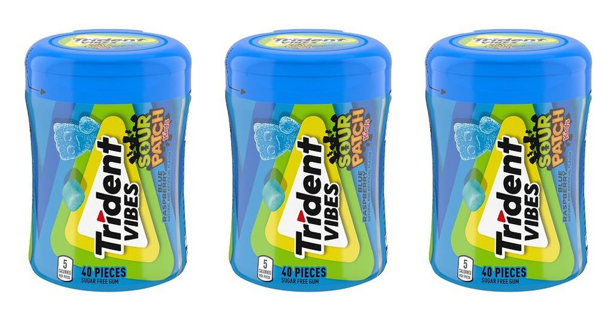 Trident Vibes Sour Patch Kids Blue Raspberry Sugar-Free Gum 40pc Bottles — 3-Pack