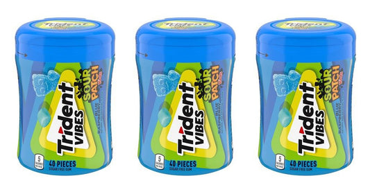 Trident Vibes Sour Patch Kids Blue Raspberry Sugar-Free Gum 40pc Bottles — 3-Pack
