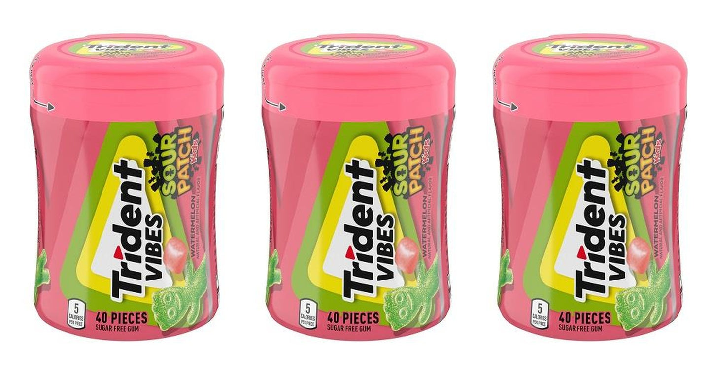 Trident Vibes Sour Patch Kids Watermelon Sugar-Free Gum 40pc Bottles — 3-Pack