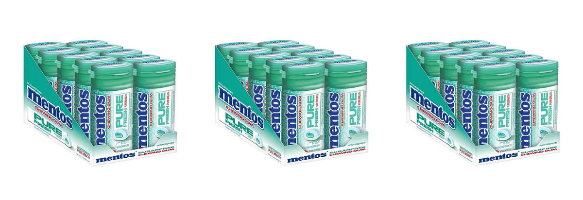 Mentos Pure Fresh Wintergreen Sugar-Free Gum 15pc Bottles (1.06oz) — 3-Pack