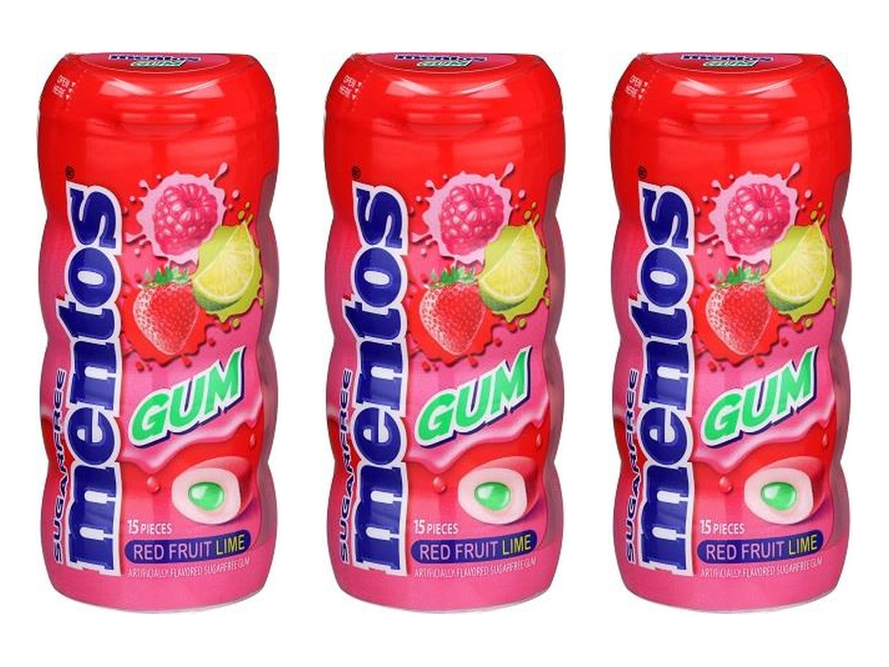 Mentos Pure Fresh Red Fruit Sugar-Free Gum 15pc Bottles (1.06oz) — 3-Pack
