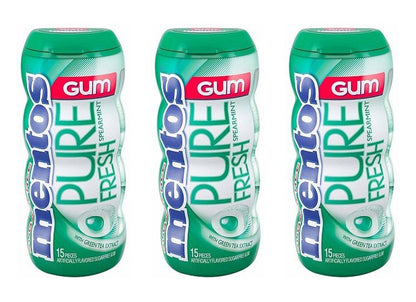 Mentos Pure Fresh Spearmint Sugar-Free Gum 15pc Bottles (1.06oz) — 3-Pack