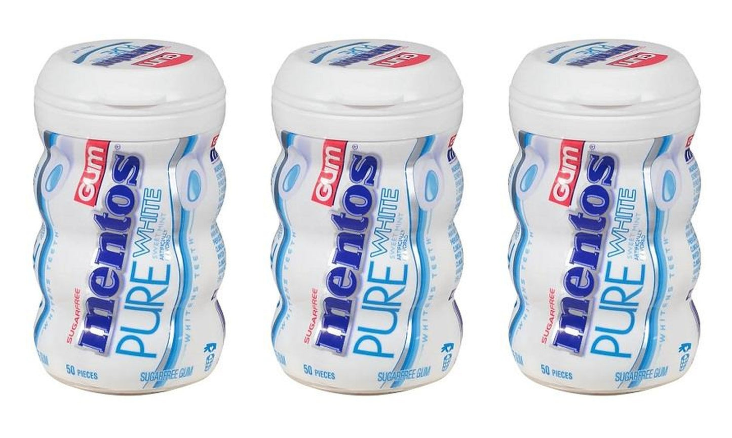 Mentos Pure White Sweet Mint Sugar-Free Gum 3.53oz Bottles (50 Pieces) — 3-Pack
