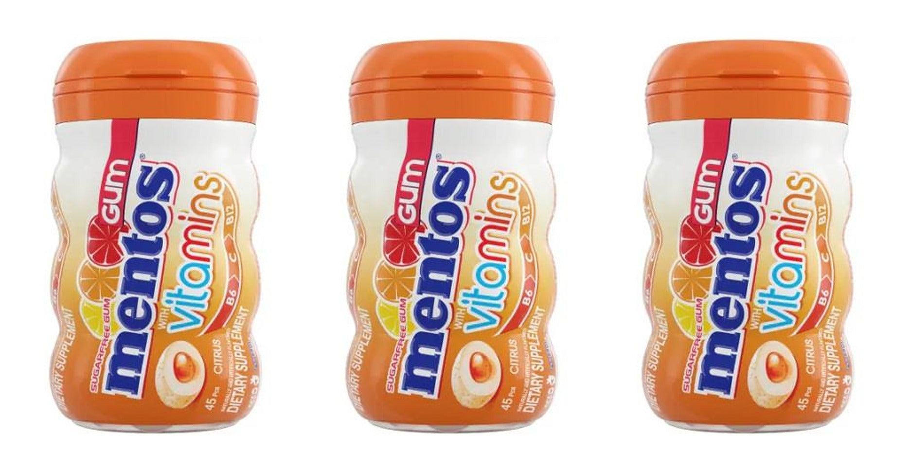 Mentos Vitamins Citrus Sugar-Free Gum 3.18oz Bottles (45 Pieces) — 3-Pack