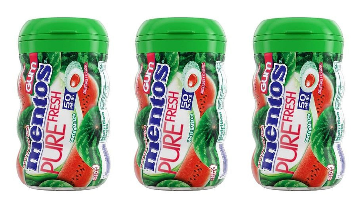 Mentos Pure Fresh Watermelon Sugar-Free Gum 3.53oz Bottles (50 Pieces) — 3-Pack