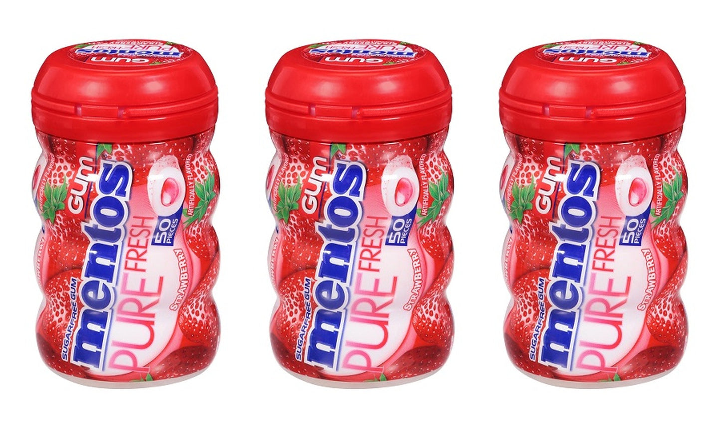 Mentos Pure Fresh Strawberry Sugar-Free Gum 3.53oz Bottles (50 Pieces) — 3-Pack