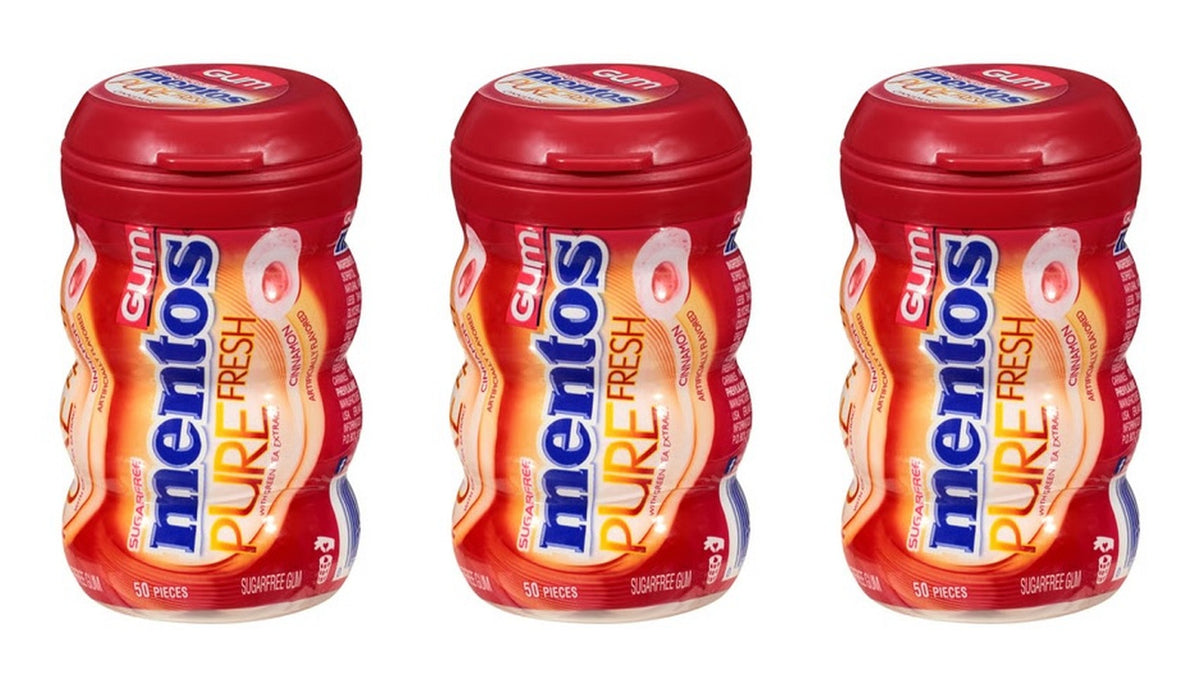 Mentos Pure Fresh Cinnamon Sugar-Free Gum 3.53oz Bottles (50 Pieces) — 3-Pack