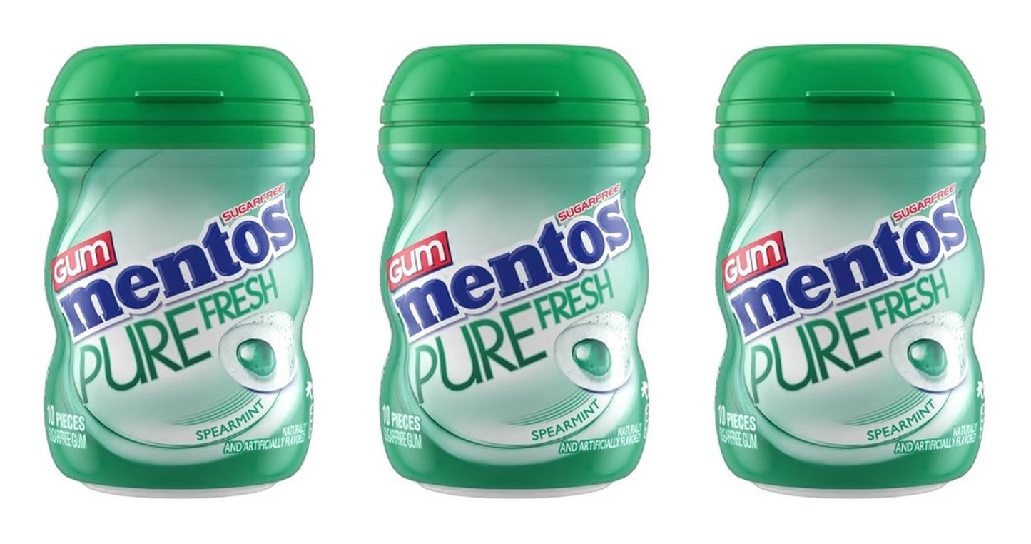 Mentos Pure Fresh Spearmint Sugar-Free Gum 10pc Mini Bottles (0.7oz) — 3-Pack