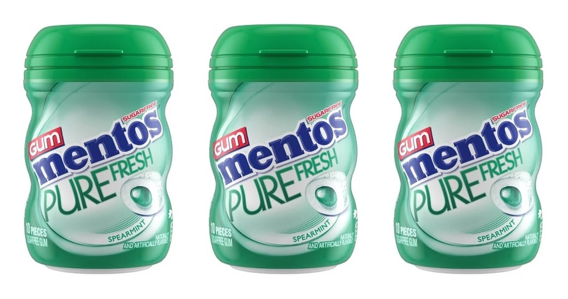 Mentos Pure Fresh Spearmint Sugar-Free Gum 10pc Mini Bottles (0.7oz) — 3-Pack