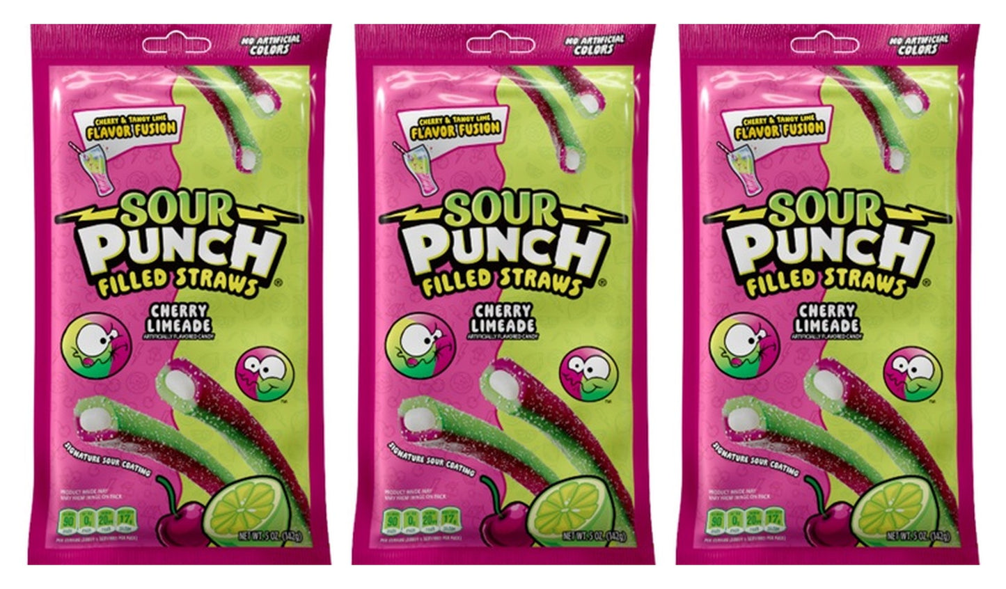 Sour Punch Filled Straws Cherry Limeade 5oz Peg Bags — 3-Pack