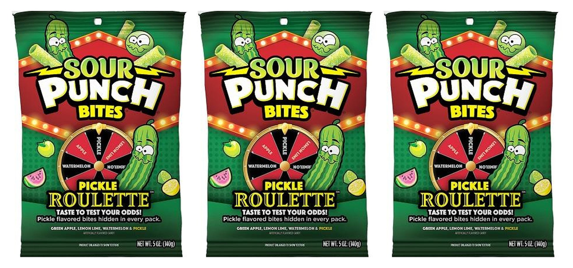 Sour Punch Pickle Roulette Bites 5oz Peg Bags — 3-Pack