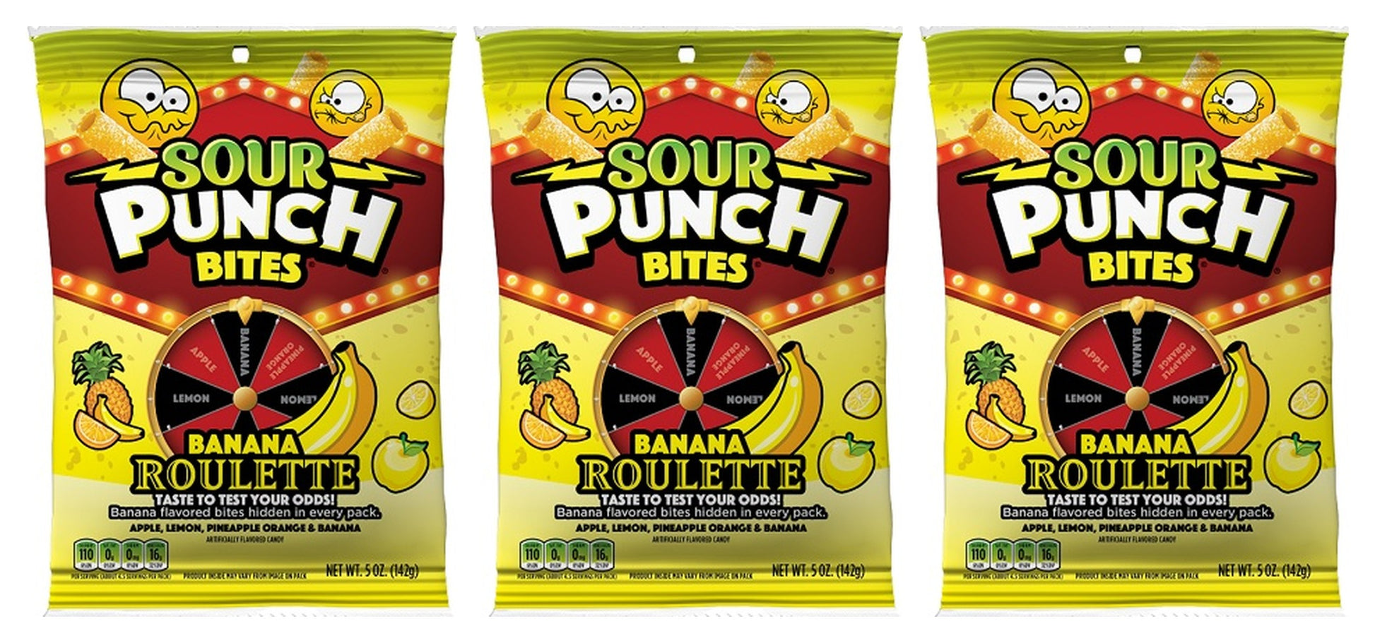 Sour Punch Banana Roulette Bites 5oz Peg Bags — 3-Pack
