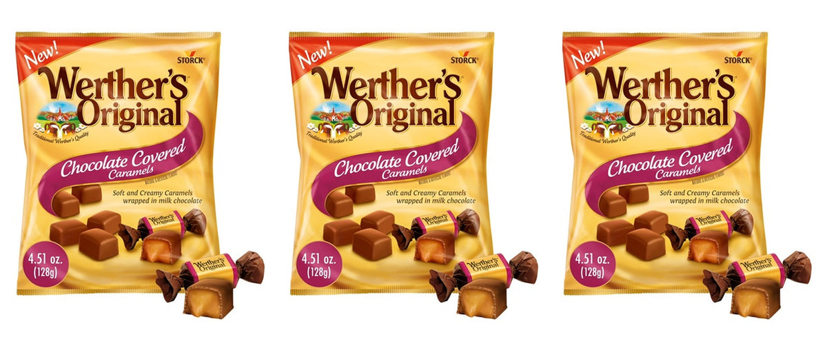 Werther's Original Chocolate Covered Caramels 3-pack, three 4.51 oz peg bags