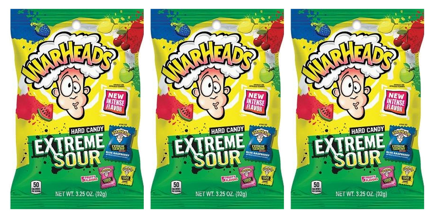 Warheads Extreme Sour Hard Candy 3.25oz Peg Bags — 3-Pack