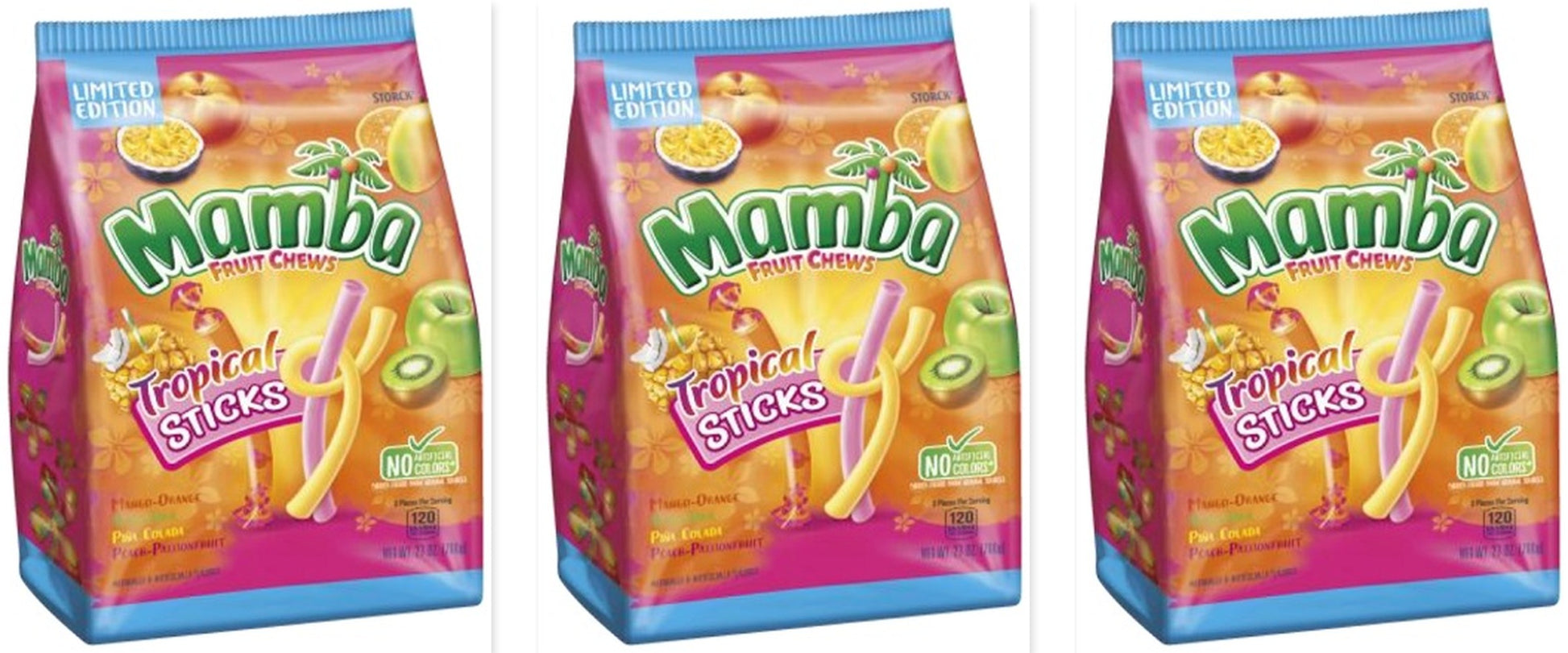 Mamba Fruit Chews Tropical Sticks Limited Edition 27oz Bag 3-Pack — three single packs