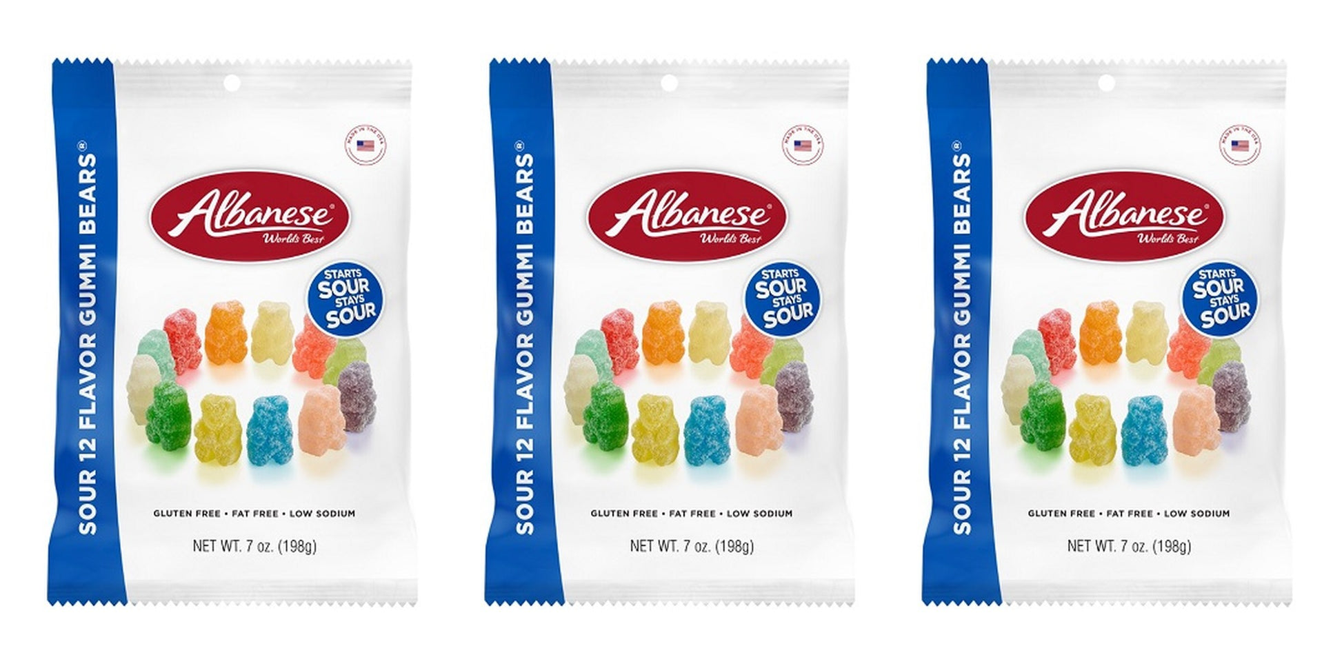 Albanese Sour 12 Flavor Gummi Bears 7oz Peg Bags — 3-Pack