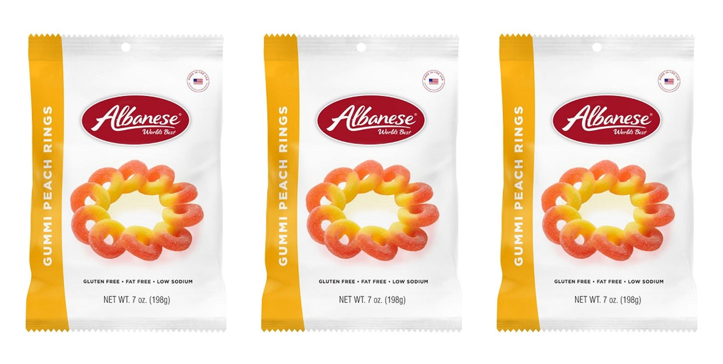 Albanese Gummi Peach Rings 7oz Peg Bags — 3-Pack