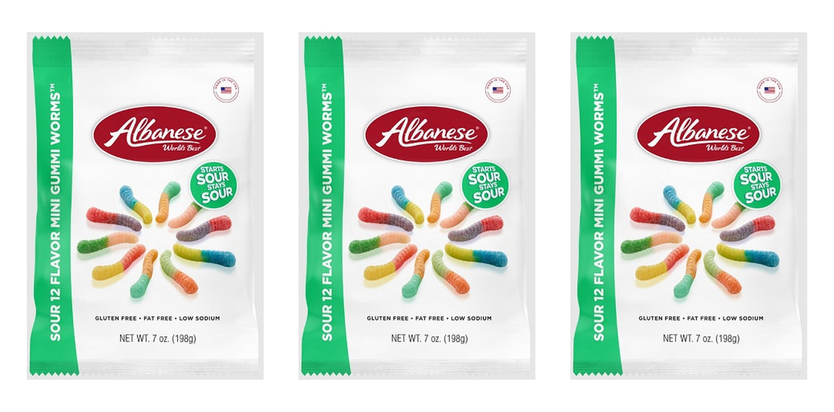 Albanese Sour 12 Flavor Mini Gummi Worms 7oz Peg Bags — 3-Pack