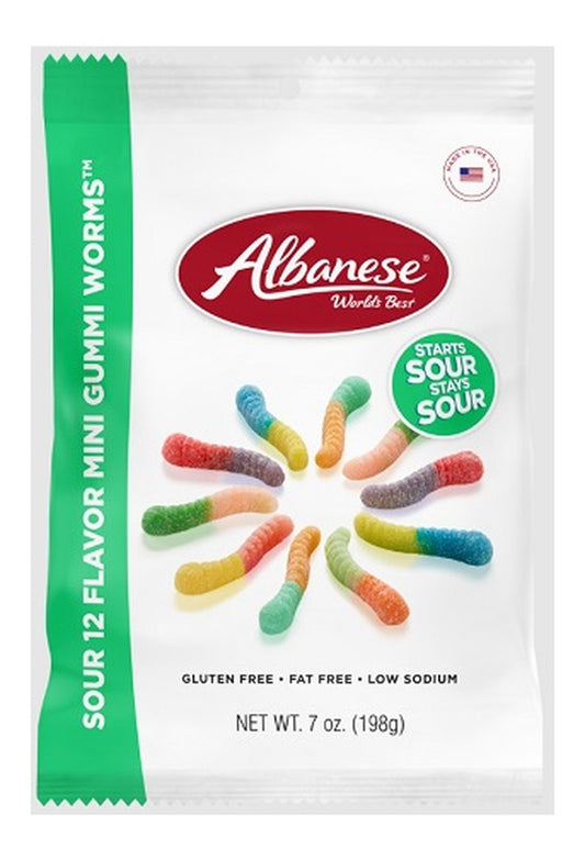 Albanese Sour 12 Flavor Mini Gummi Worms 7oz Peg Bags — pack