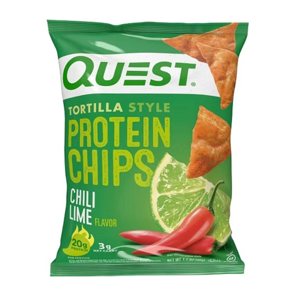 Quest Protein Tortilla Chips Chili Lime 1.1oz 8ct pack — full package