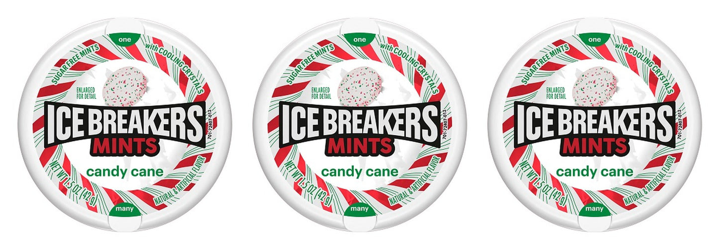 Ice Breakers Candy Cane Sugar-Free Mints 1.5oz Tins — 3-Pack