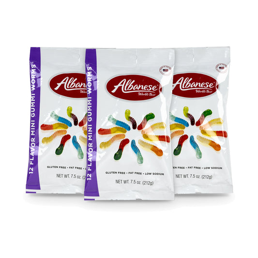 Albanese 12 Flavor Mini Gummi Worms 7.5oz Peg Bags 3-pack