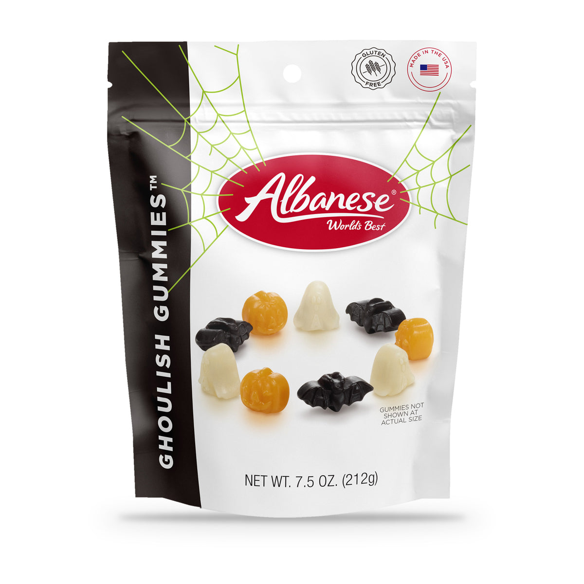 Albanese Ghoulish Gummies 7.5oz peg bag with pumpkin, bat and ghost gummies