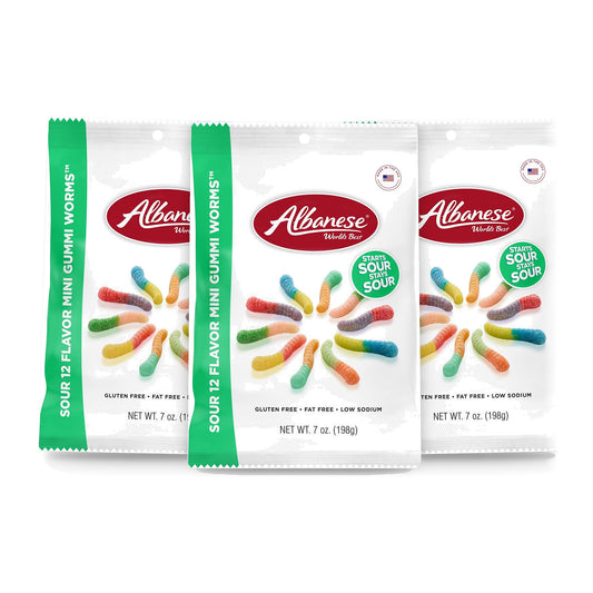 Albanese Sour 12 Flavor Mini Gummi Worms 7oz Peg Bags 3-pack