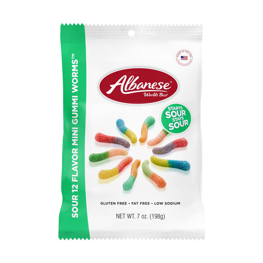Albanese Sour 12 Flavor Mini Gummi Worms 7oz Peg Bags