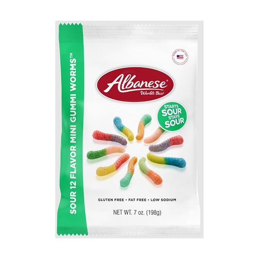 Albanese Sour 12 Flavor Mini Gummi Worms 7oz Peg Bags