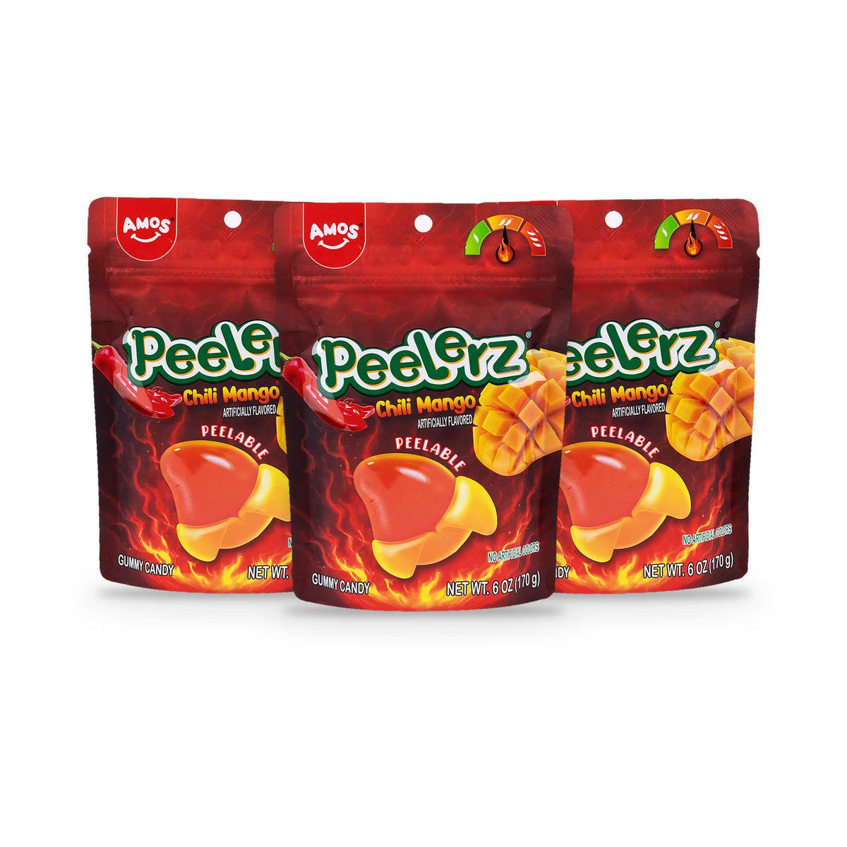 Amos Peelerz Gummy Chili Mango 6oz Peg Bag 3-Pack, three bags