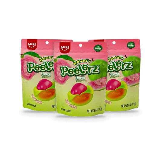 Amos Hawai'i Peelerz Gummy Guava 6oz Peg Bag 3-Pack, three bags