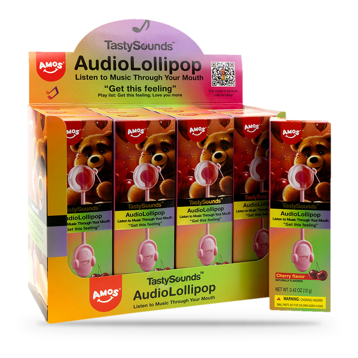 Amos TastySounds Audio Lollipop Cherry Sugar-Free 0.42oz, counter display box of 12