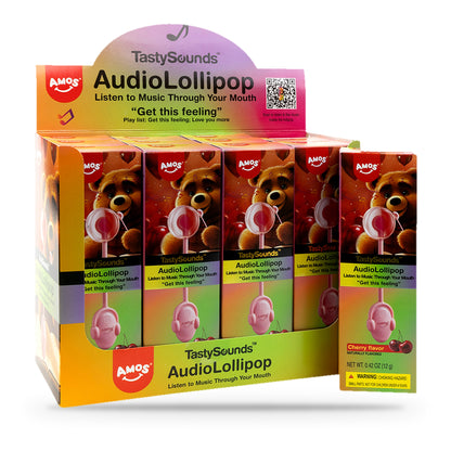 Amos TastySounds Audio Lollipop Cherry Sugar-Free 0.42oz, counter display box of 12