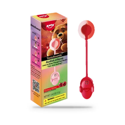 Amos TastySounds Audio Lollipop Cherry Sugar-Free 0.42oz, box and lollipop